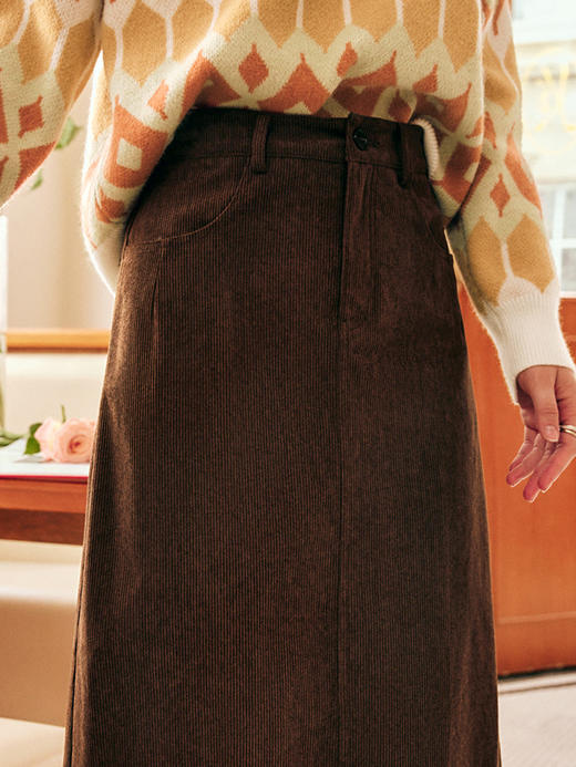 OLrain欧芮儿法式咖色灯芯绒半身裙女秋冬2022新款高腰开叉A字裙 商品图2
