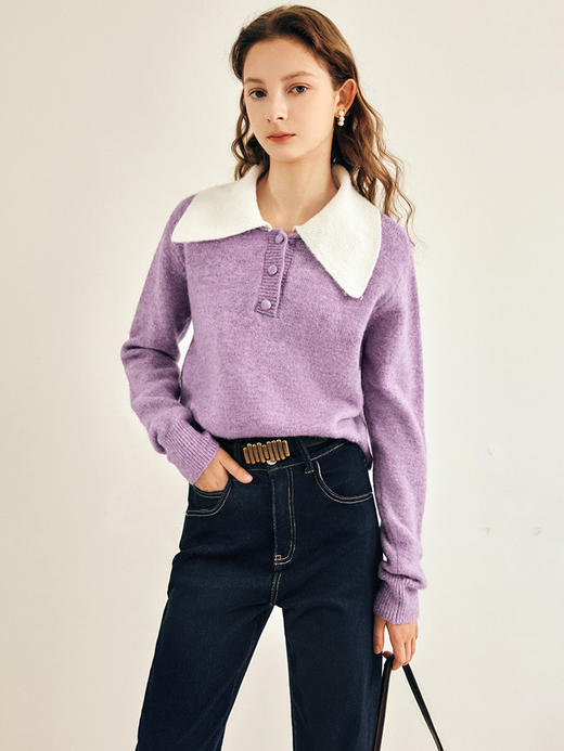 OLrain欧芮儿法式紫色翻领毛衣女秋冬2022年新款宽松撞色针织上衣 商品图1