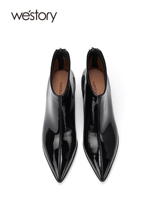 westory2022年新款尖头细高跟时髦瘦瘦靴真皮亮面时装靴82011 商品图3