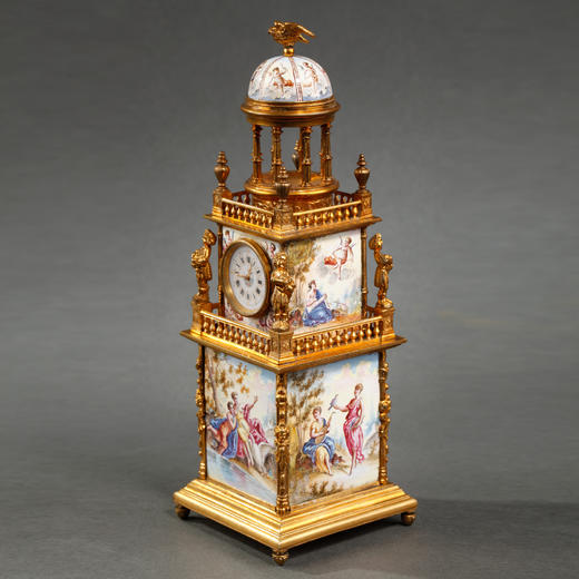 独角鹿西洋古董1870年奥地利出品铜鎏金珐琅瓷画座钟摆件 商品图3