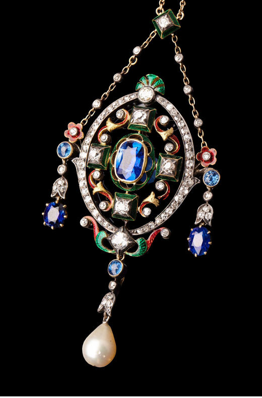 独角鹿西洋古董18K黄金镶嵌无烧蓝宝石钻石彩色珐琅珍珠流苏吊坠 商品图4