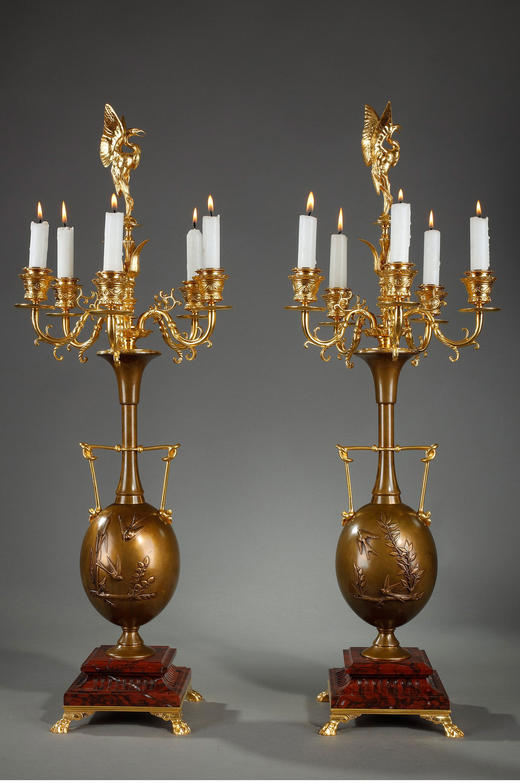 独角鹿西洋古董Barbedienne工坊东方雀鸟铜鎏金饰大理石花瓶烛台 商品图1