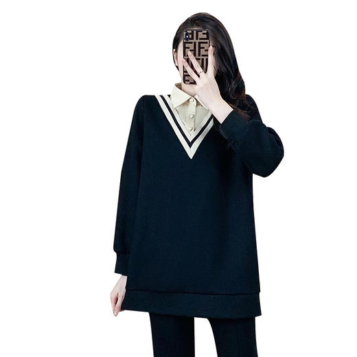 奢姿2022年冬装新款大码女装时尚翻驳领百搭上衣胖妹妹撞色加绒卫衣9924125135 商品图4