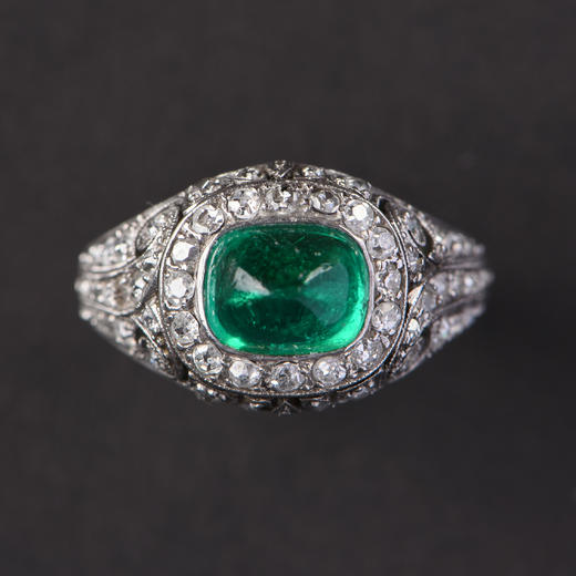 独角鹿西洋古董首饰珠宝欧洲铂金镶嵌钻石哥伦比亚祖母绿戒指 商品图0