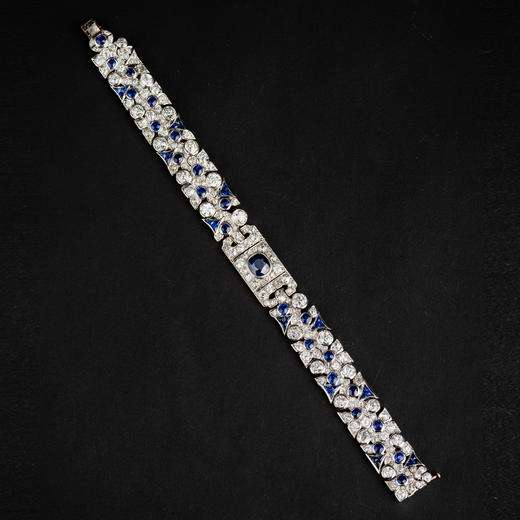 独角鹿西洋古董珠宝法国装饰艺术时代铂金镶嵌钻石蓝宝石手链手镯 商品图1