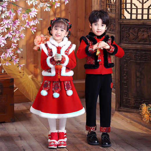 XWN-9833 儿童汉服2022新款冬款加绒套装女童汉服小女孩拜年服冬季唐装男童 商品图1