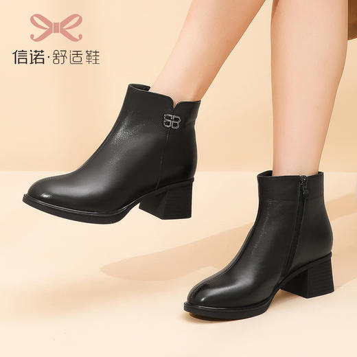 真皮加绒妈妈鞋短靴2022新款秋冬季女棉鞋中年软底中跟皮鞋单靴子22M193-12 商品图2