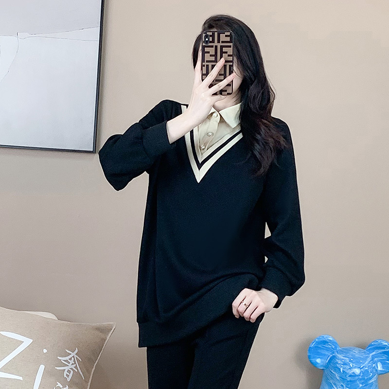 奢姿2022年冬装新款大码女装时尚翻驳领百搭上衣胖妹妹撞色加绒卫衣9924125135