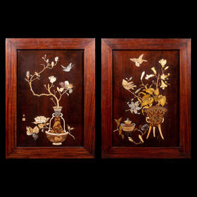 独角鹿西洋古董日本明治时期博古清供花鸟芝山镶嵌漆木装饰画一对
