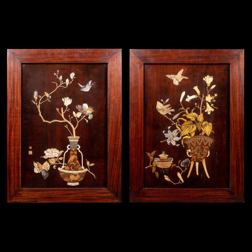 独角鹿西洋古董日本明治时期博古清供花鸟芝山镶嵌漆木装饰画一对 商品图0