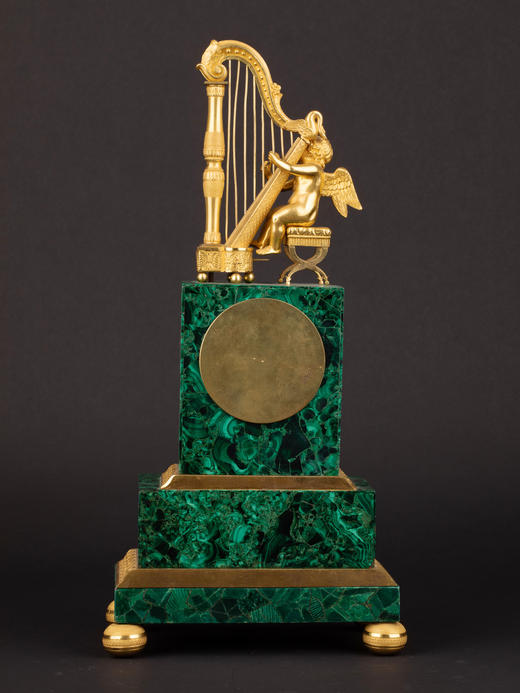 独角鹿西洋古董法国孔雀石花卉底座小天使弹竖琴鎏金曼特尔座钟 商品图3