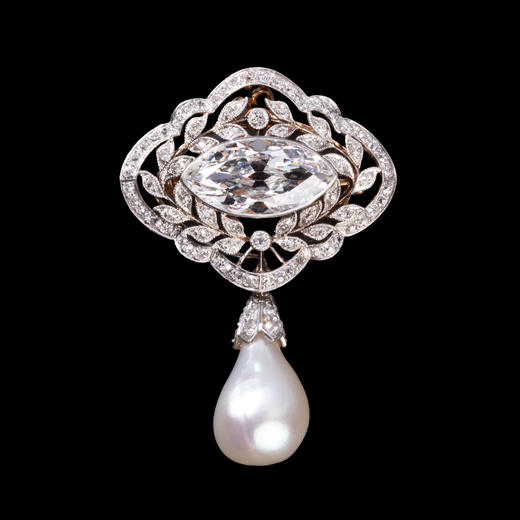 独角鹿西洋古董欧洲黄金底铂金镶嵌钻石天然珍珠吊坠花环造型胸针 商品图0