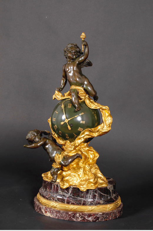 独角鹿西洋古董法国新古典风格铜鎏金小天使大理石底座座钟摆件 商品图4