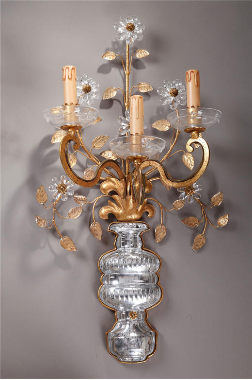 独角鹿西洋古董意大利BANCI工坊出品黄铜鎏金水晶壁挂烛台一对 商品图4