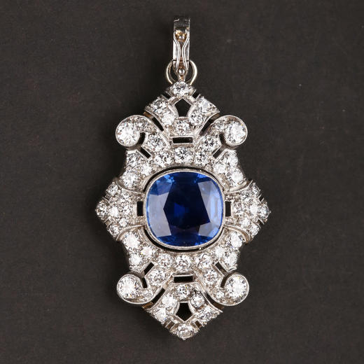 独角鹿西洋古董珠宝首饰欧洲铂金镶嵌钻石斯里兰卡无烧蓝宝石吊坠 商品图0