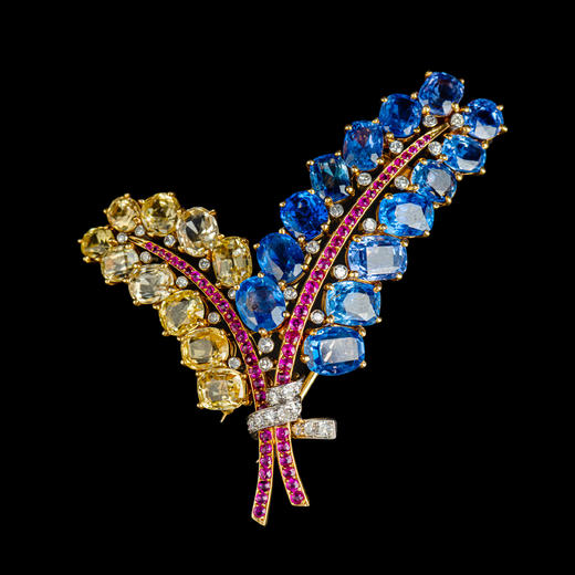 独角鹿西洋古董Mauboussin联名18K金镶蓝宝石红宝石钻石花束胸针 商品图0