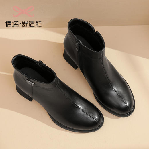 真皮加绒妈妈鞋短靴2022新款秋冬季女棉鞋中年软底中跟皮鞋单靴子22M193-12 商品图0