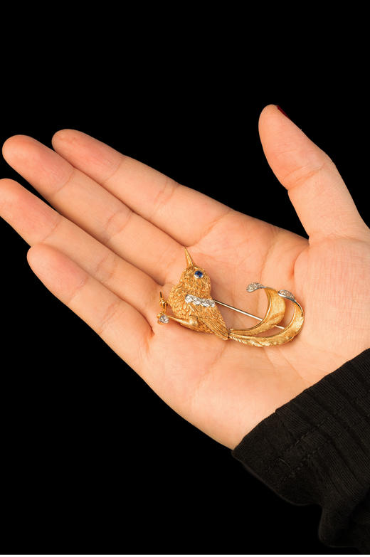 独角鹿西洋古董法国珠宝品牌18K金镶嵌钻石蓝宝石蜂鸟造型胸针 商品图2