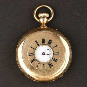 独角鹿西洋古董钟表瑞士宝矶半猎壳三开18K金雕花怀表珐琅彩钟面