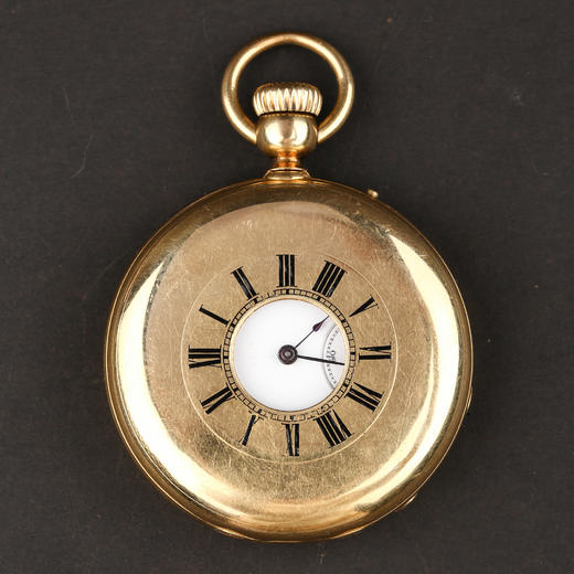 独角鹿西洋古董钟表瑞士宝矶半猎壳三开18K金雕花怀表珐琅彩钟面 商品图0