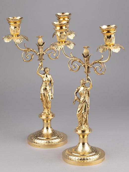 独角鹿西洋古董英国乔治三世时期古典女神银鎏金精雕烛台一对 商品图2