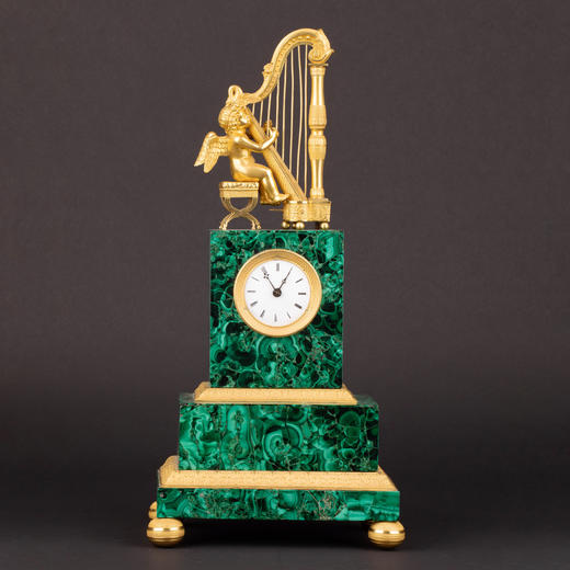 独角鹿西洋古董法国孔雀石花卉底座小天使弹竖琴鎏金曼特尔座钟 商品图0