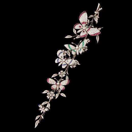 独角鹿西洋古董18K白金镶嵌红蓝宝石祖母绿钻石蝶恋花颤动式胸针 商品图4