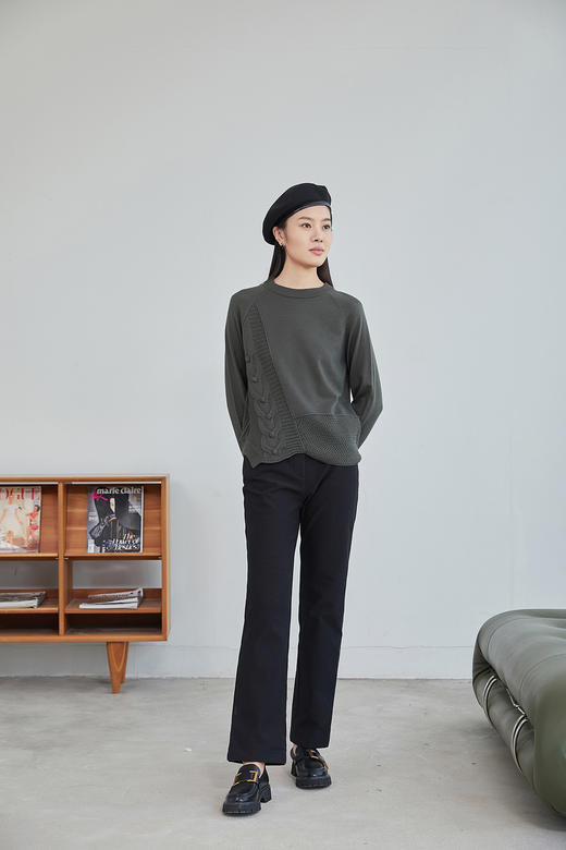 【年货节】奇威【粗细针拼接】设计感圆领橄榄绿针织衫A4416226 商品图5