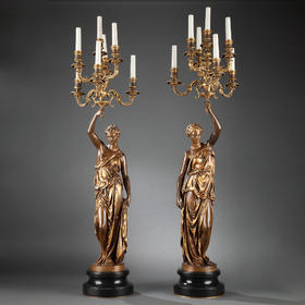 独角鹿西洋古董法国Barbedienne工坊大理石底座青铜雕塑烛台一对