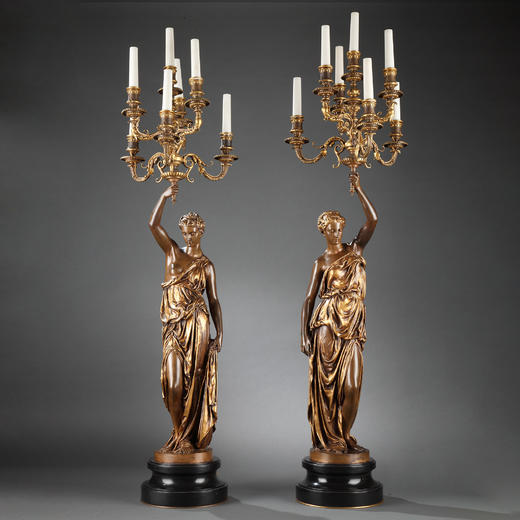 独角鹿西洋古董法国Barbedienne工坊大理石底座青铜雕塑烛台一对 商品图0