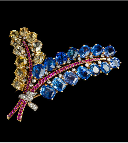 独角鹿西洋古董Mauboussin联名18K金镶蓝宝石红宝石钻石花束胸针 商品图3