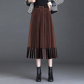 秋冬新款高腰网纱拼接丝绒半身裙百褶裙MYX-9800