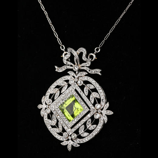 独角鹿西洋古董珠宝Fontenay美好时代风铂金镶钻石橄榄石吊坠项链 商品图3