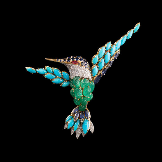 独角鹿西洋古董珠宝法国18K金镶钻石红宝石蓝宝石祖母绿翠鸟胸针 商品图0