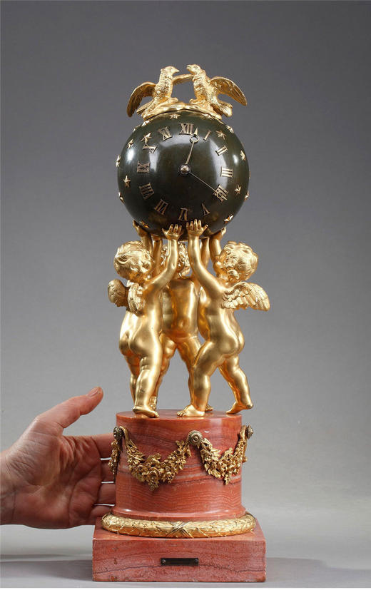 独角鹿西洋古董摆件法国青铜及铜鎏金小天使托举天球造型座钟 商品图1