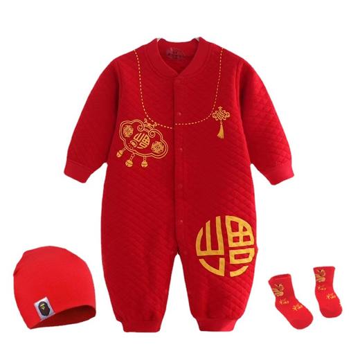 婴幼儿大红色纯棉款连体衣夹棉保暖款爬服带红帽红袜子59-90cm 商品图4