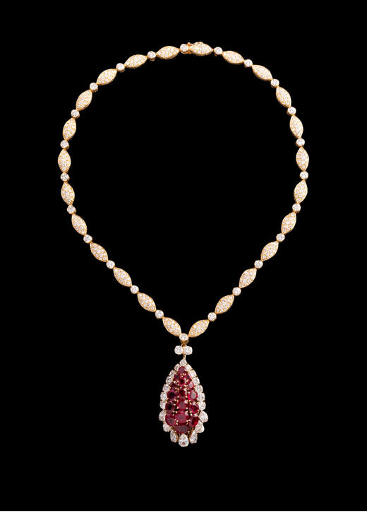 独角鹿西洋古董首饰珠宝法国18K金镶嵌钻石红宝石吊坠项链 商品图2