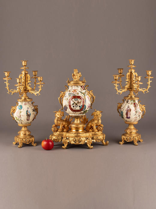 独角鹿西洋古董神兽造型铜鎏金嵌花鸟人物手绘陶瓷座钟烛台三件套 商品图1