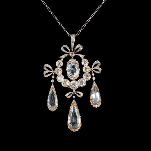 独角鹿西洋古董珠宝尚美Chaumet铂金镶钻石海蓝宝石蝴蝶结项链 商品图0