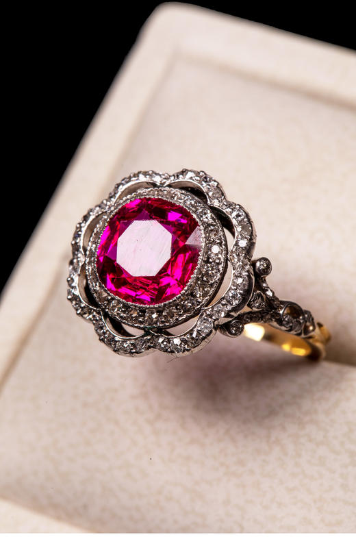 独角鹿西洋古董首饰女戒爱德华黄金铂金镶嵌缅甸红宝石钻石戒指 商品图2