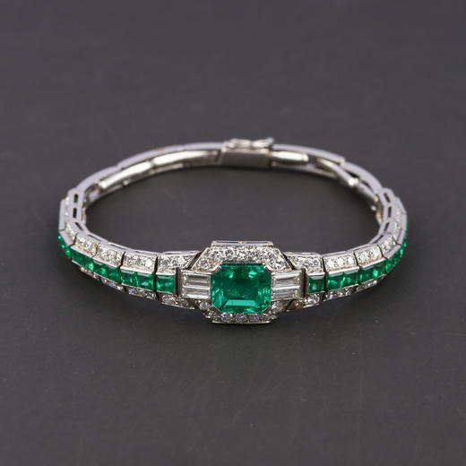 独角鹿西洋古董珠宝首饰欧洲铂金镶嵌钻石哥伦比亚祖母绿手链手镯 商品图0