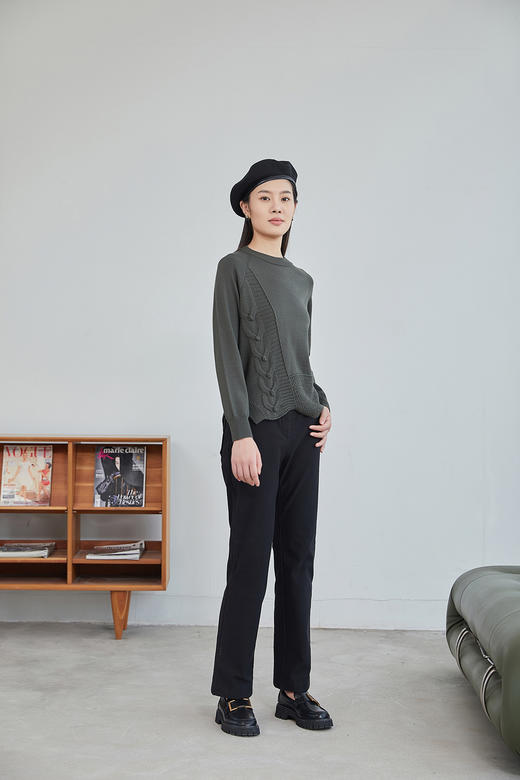 【年货节】奇威【粗细针拼接】设计感圆领橄榄绿针织衫A4416226 商品图4