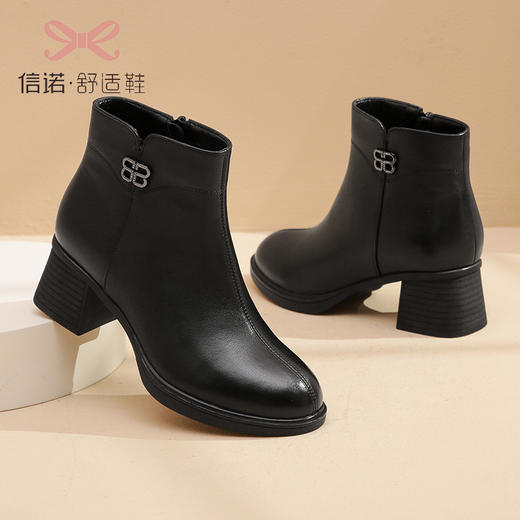 真皮加绒妈妈鞋短靴2022新款秋冬季女棉鞋中年软底中跟皮鞋单靴子22M193-12 商品图1