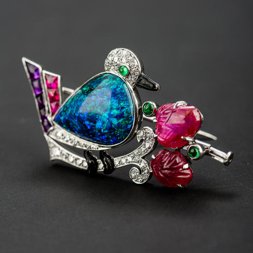 独角鹿西洋古董铂金镶嵌黑欧泊石红宝石祖母绿紫水晶钻石雀鸟胸针 商品图2
