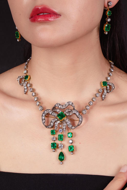 独角鹿西洋古董珠宝套装黄金底纯银镶嵌钻石祖母绿项链胸针耳坠 商品图2