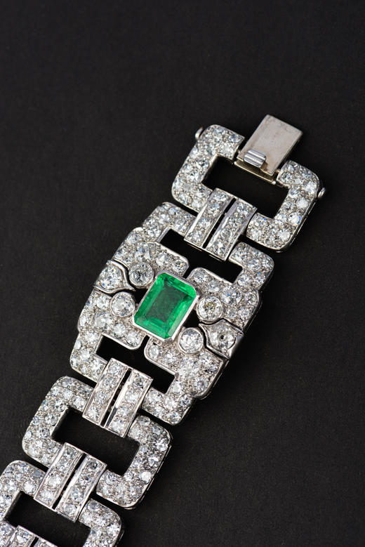 独角鹿西洋古董首饰珠宝欧洲铂金18K金镶嵌钻石祖母绿宽手链手镯 商品图3