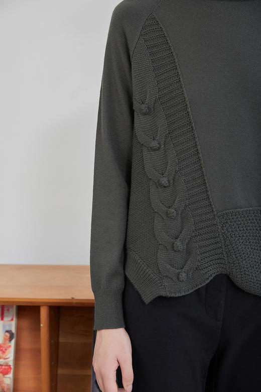 【年货节】奇威【粗细针拼接】设计感圆领橄榄绿针织衫A4416226 商品图2