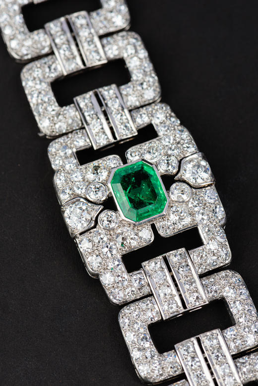 独角鹿西洋古董首饰珠宝欧洲铂金18K金镶嵌钻石祖母绿宽手链手镯 商品图2