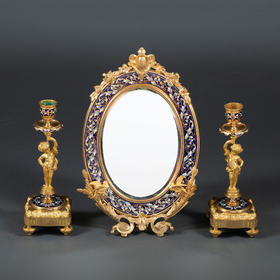 独角鹿西洋古董法国錾胎珐琅路易十六风格铜鎏金座镜烛台一对