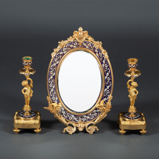 独角鹿西洋古董法国錾胎珐琅路易十六风格铜鎏金座镜烛台一对 商品图0